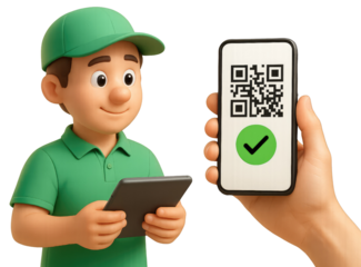 3D Delivery Person with Tablet and Hand Holding Smartphone with QR Code isolated on a transparent background