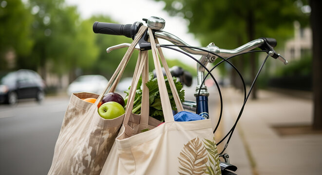 Bicycle with reusable bags filled with groceries on city street  