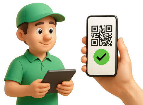 3D Delivery Person with Tablet and Hand Holding Smartphone with QR Code isolated on a transparent background