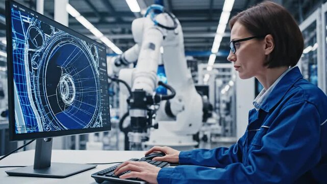 Engineer working on robotic arm design using cad software for automation and manufacturing in a modern factory setting with precision and technical expertise