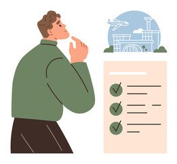 Thoughtful man considers trip details near checklist with airport illustration. Ideal for travel planning, goal tracking, logistics, preparation, time management, organization, simple flat metaphor