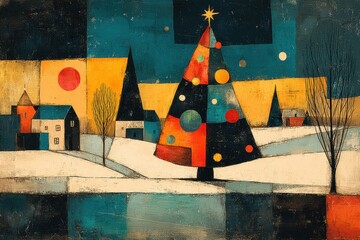 Christmas tree created in a mid century modern art style, a dark geometric pine decorated with circular ornaments set against a textured abstract cityscape for a retro xmas mood
