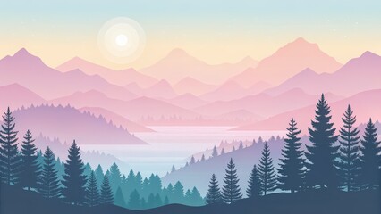 Obraz premium Serene mountain landscape unfolds with soft pastel hues, tranquil lake, and silhouette pine trees under a gentle sunlit sky.