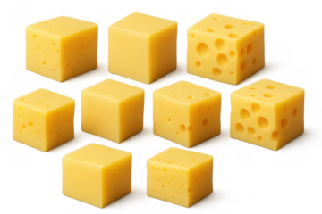 Yellow cheese cubes for appetiser, snack, or ingredient, some displaying characteristic holes, transparent background