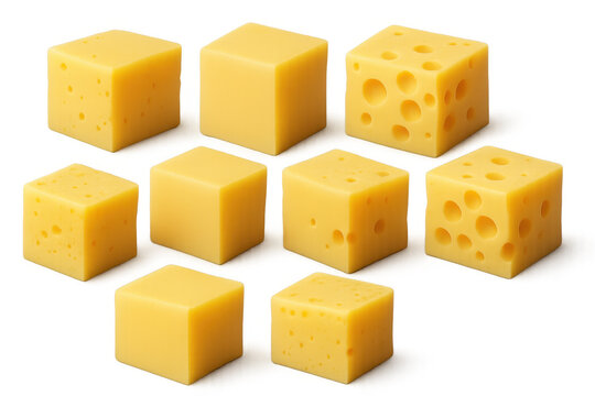 Yellow cheese cubes for appetiser, snack, or ingredient, some displaying characteristic holes, transparent background