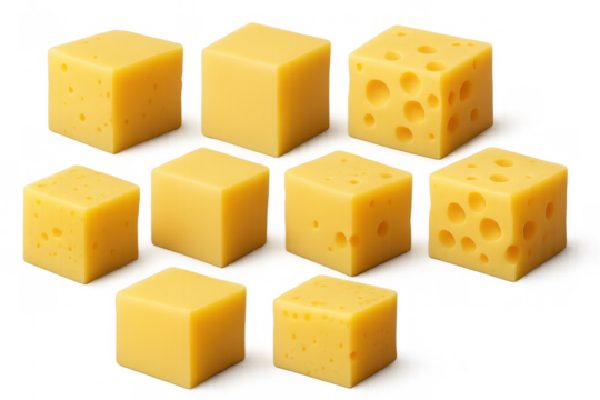 Yellow cheese cubes for appetiser, snack, or ingredient, some displaying characteristic holes, transparent background