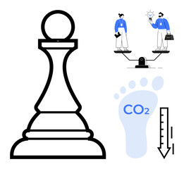 Chess pawn symbolizing strategy, professionals weighing ideas and sustainability, CO2 footprint with reduction arrow. Ideal for business, innovation, sustainability, leadership, decision-making
