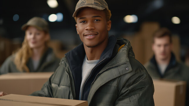 Group of volunteers, including veterans, organizing donation boxes in a warehouse — symbolizing teamwork, social impact, community service, and veterans continuing to serve society through kindness