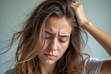 Obraz premium Close-Up Photo Capturing Hair Movement and Dandruff Flakes as Person Scratches Head