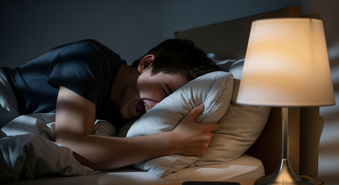 Young man struggling with insomnia while lying in bed at night  