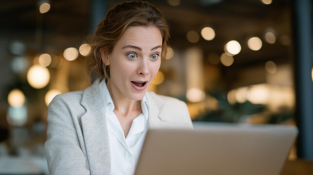 A young professional opening a laptop in a café and reacting with wide-eyed surprise as an unexpected message pops up on the screen — authentic emotion, digital surprise moment, and modern