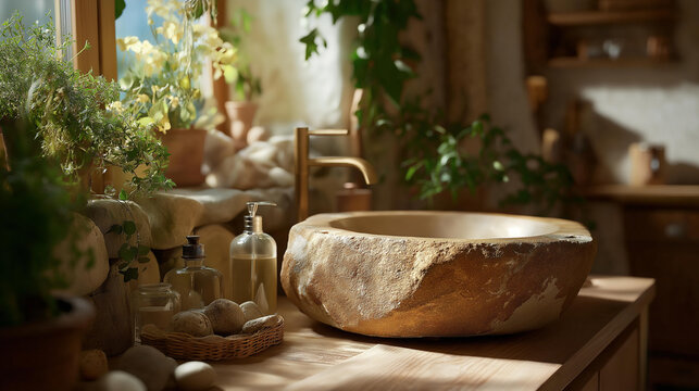 Eco-home bathroom featuring stone basin, sunlight through window, plants, and refillable glass bottles — natural materials and sustainable interior design. cinematic color correction, natural - Powered by Adobe