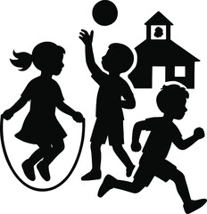 Children playing with a ball jump rope and running near a building