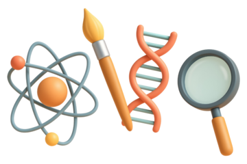 3D icons of atom, paintbrush, DNA helix, and magnifying glass on white background science atomic model isolated on a transparent background