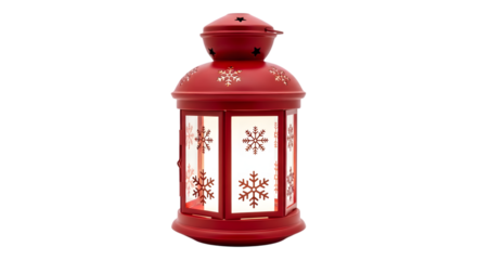 Red decorative lantern with snowflake patterns isolated on transparent background