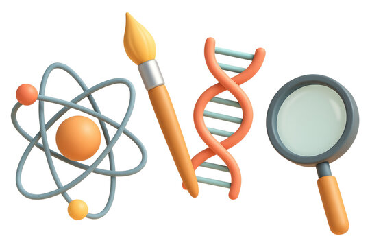 3D icons of atom, paintbrush, DNA helix, and magnifying glass on white background science atomic model isolated on a transparent background