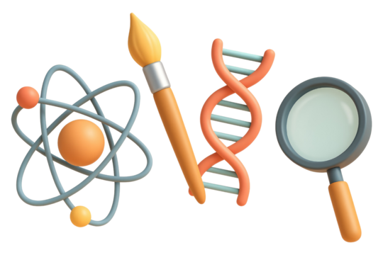 3D icons of atom, paintbrush, DNA helix, and magnifying glass on white background science atomic model isolated on a transparent background