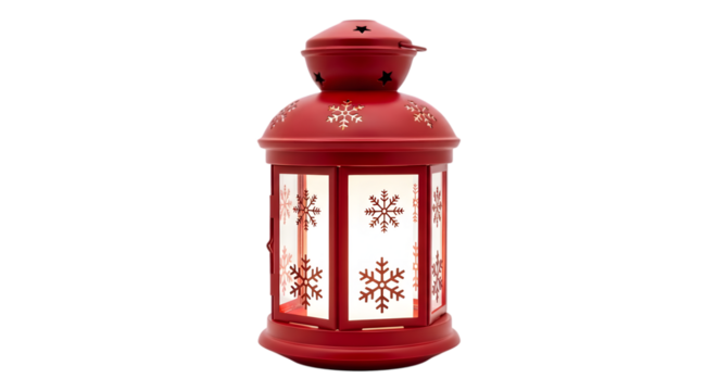 Red decorative lantern with snowflake patterns isolated on transparent background