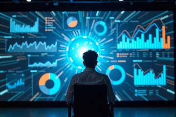 Setting: Data Analyst Immersed in Futuristic Interactive Data Dashboard Display  or   Visual of Data Analyst Engaged with Cutting-Edge Data Analytics KPI Dashboard Interface