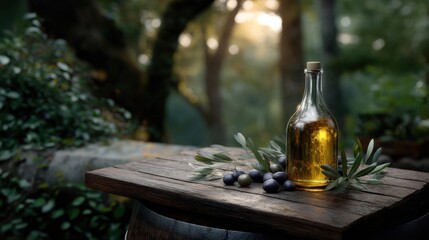 A bottle of olive oil on an old, improvised, wooden table, surrounded by black olives and green leaves, with soft lighting creating a warm ambiance in the commercial style.