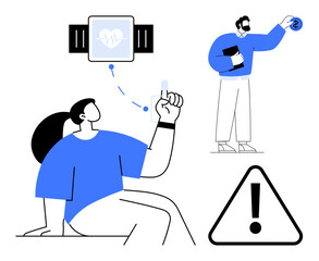 Person using health tracker, smartwatch displaying heartbeat, professional holding data, warning sign. Ideal for healthcare, fitness, technology, medical alert, research digital tools prevention