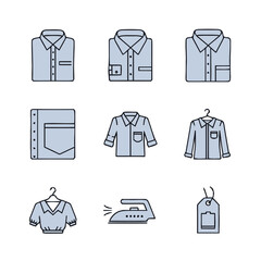 A collection of nine vector icons depicting various types of shirts, an iron, and a price tag, all in a light blue color scheme.