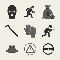Graphic icons depicting elements associated with crime, including a balaclava, running thief, money bag, crowbar, gloves, armed robber, hat, warning sign, an...
