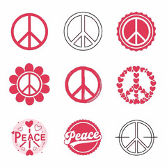 Collection of nine peace symbol variations in red and black outlines, including floral, heart, and badge designs, on a white background.