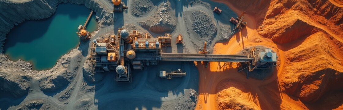 Aerial view shows industrial ore processing plant. Machinery operates at extraction site. Vivid colors highlight activity, infrastructure. Mine shows mineral resource extraction, impact on earth,