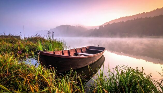 A solitary wooden rowboat rests peacefully by the grassy shore of a serene lake shrouded in morning mist, with forested hills visible in the soft sunrise light.