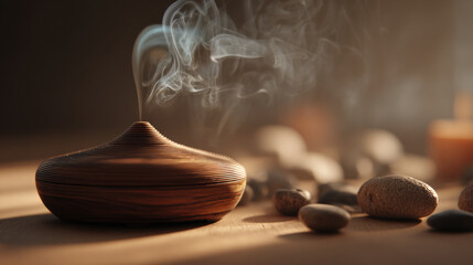 Wooden essential oil diffuser releasing calming aromatic mist surrounded by smooth stones in a warm, softly lit spa environment for relaxation and wellness