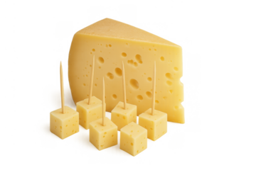 Cheese wedge with holes and cheese cubes on toothpicks, transparent background, preparing appetizers and snacks