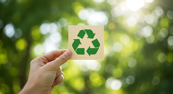 Hand holding a green recycling symbol against a blurred background of lush green foliage and sunlight filtering through the trees