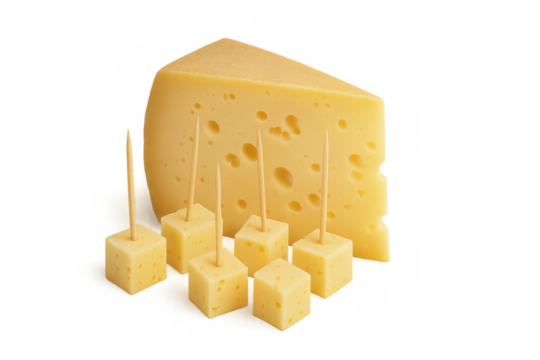 Cheese wedge with holes and cheese cubes on toothpicks, transparent background, preparing appetizers and snacks