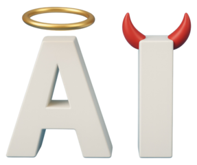 3D Letters AI with Angel Halo and Devil Horns artificial intelligence technology isolated on a transparent background