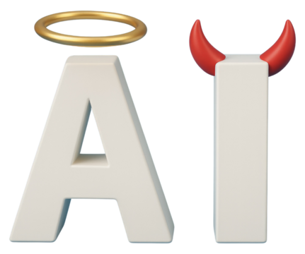 3D Letters AI with Angel Halo and Devil Horns artificial intelligence technology isolated on a transparent background