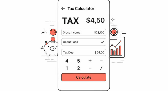 Streamlined mobile application interface for personal tax calculation, financial planning, and income management, featuring a user-friendly design to determine tax liability effectively