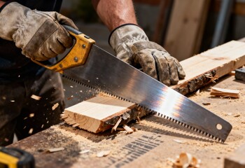 A worker wearing protective gloves uses a handsaw to cut a piece of rough lumber, generating flying sawdust.