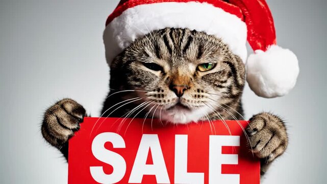Tabby cat wearing a santa hat holding a red sale sign with white letters against a gray background promoting holiday shopping and seasonal discounts for christmas deals and promotions