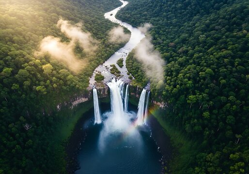Aerial view of a majestic waterfall cascading into a serene pool surrounded by lush green rainforest, with mist rising and a rainbow forming