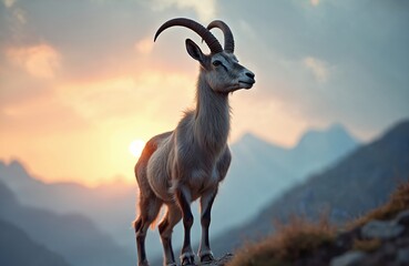 Fototapeta premium Male markhor stands on rocky mountain peak at sunset. This wild goat native to Central Asia has impressive curved horns. Animal gazes towards horizon in misty mountain landscape.