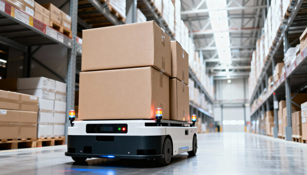 Autonomous mobile robot carrying stacked cardboard boxes moves through a brightly lit modern industrial warehouse.