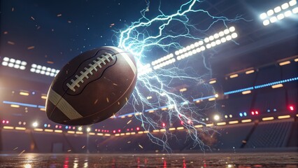 Dynamic American football explodes with electrifying energy amidst stadium lights creating a powerful visual for sports excitement and competitive spirit