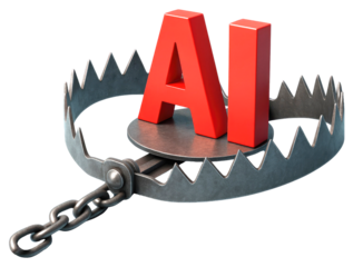 A single bear trap with red AI letters on a white background artificial intelligence danger isolated on a transparent background