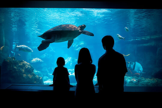 Three silhouettes watch a sea turtle swim through a large aquarium. The sea turtle glides past as other fish swim in the blue water.