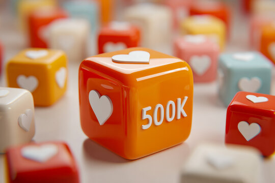 Vibrant colored blocks with heart symbols and one bold orange cube featuring 500k, representing social media likes or milestone achievements in concept design - Powered by Adobe