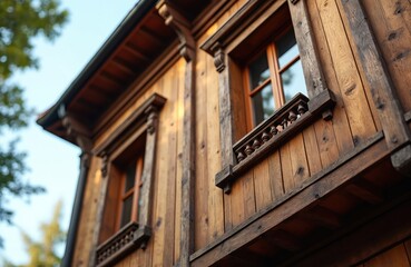 Obraz premium Closeup facade of rustic wooden house with decorative windows. Upward view of traditional timber cottage architecture. Old country building exterior wall made from natural wood planks. Cozy