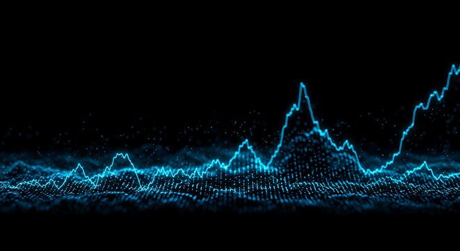 Dynamic blue waveform composed of glowing particles, illustrating a fluctuating signal or data stream against a black backdrop