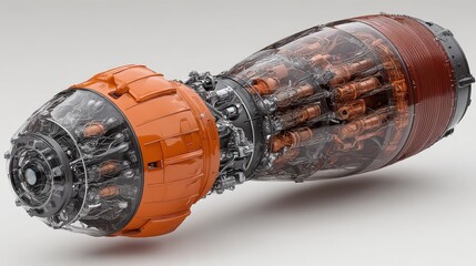 Detailed Lego brick construction of a futuristic space rocket with orange and black exterior and visible interior components.