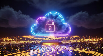 Protecting cloud data Secure digital padlock icon on luminous circuit for data security